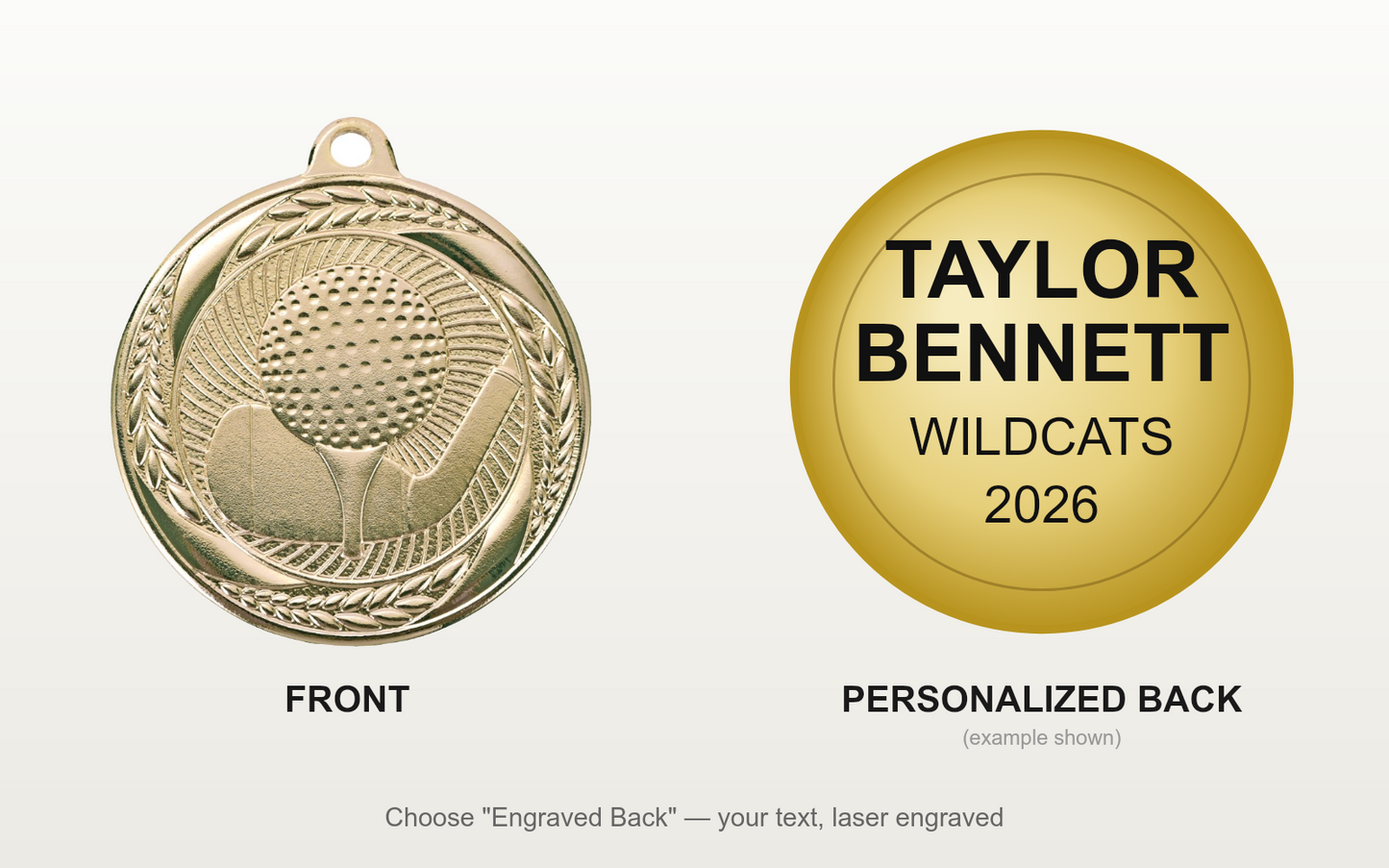 Personalized Golf Medals with Neck Ribbon - Gold Silver Bronze - Custom Engraved