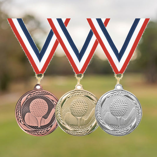 Personalized Golf Medals with Neck Ribbon — personalized laser engraved medals from Wood Unlimited, made to order in Alabama