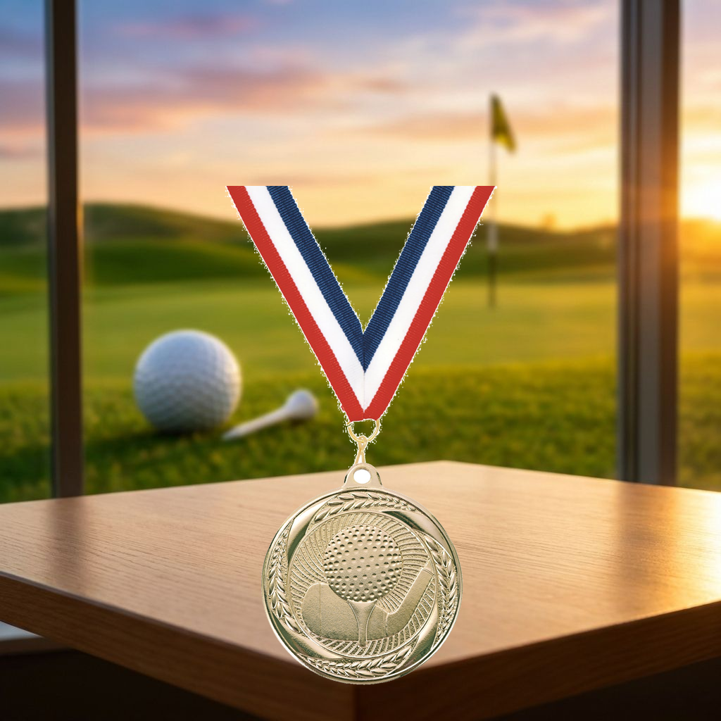 Personalized Golf Medals with Neck Ribbon - Gold Silver Bronze - Custom Engraved