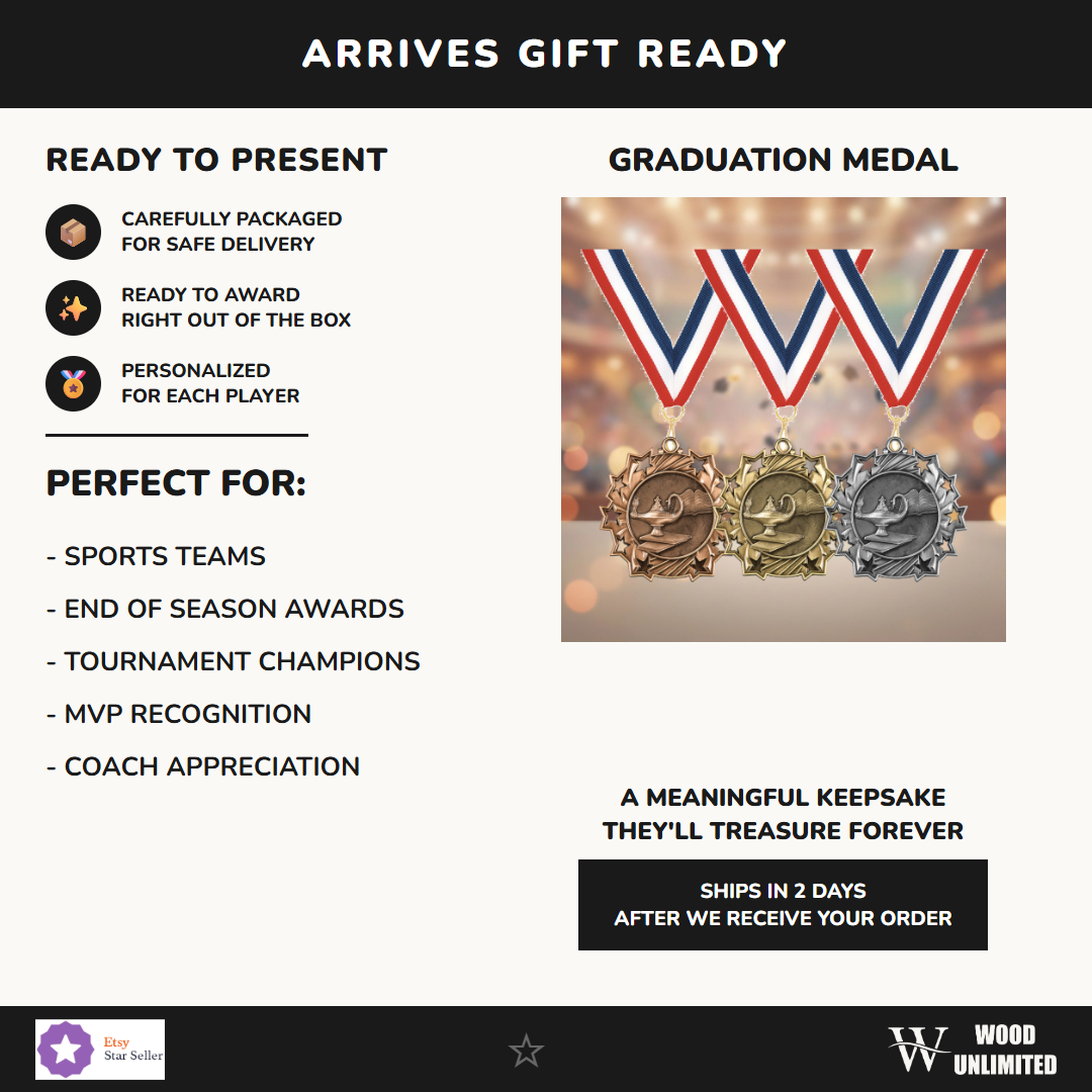 Personalized Graduation Medals with Neck Ribbon - Gold Silver Bronze - Custom Engraved