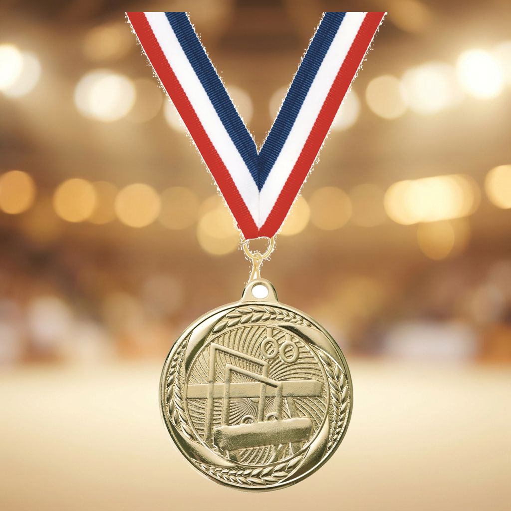 Personalized Gymnastics Medals with Neck Ribbon - Gold - Custom Engraved