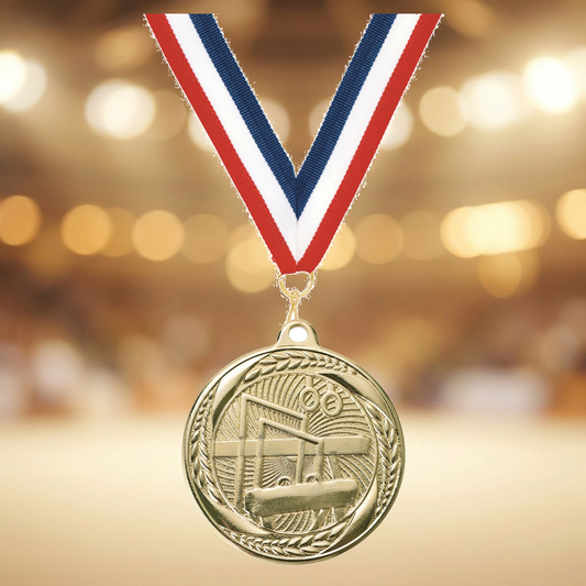 Youth gymnastics medals with ribbon — Gymnastics 2" solid metal award medal with neck ribbon, custom engraved for Gymnastics coaches at Gymnastics competitions