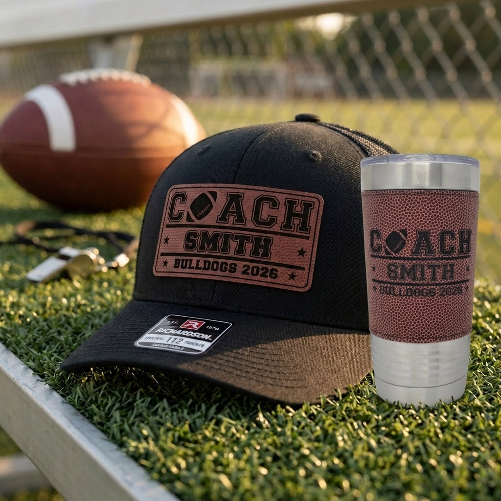 coach football hat with COACH wordmark matching a tumbler