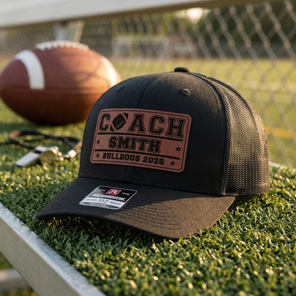 personalized football coach gift hat with football O wordmark