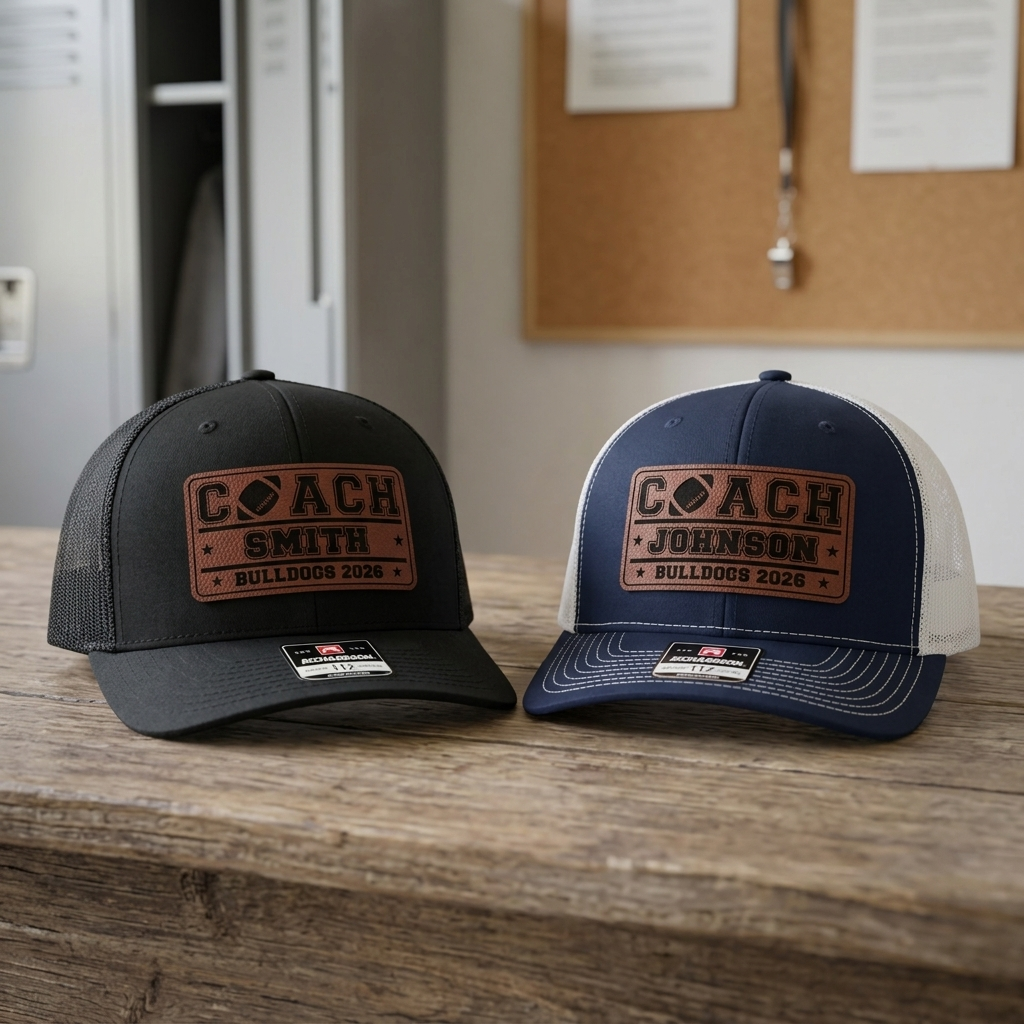 two personalized coach football hats with different names on a coach's desk, black and navy Richardson 112