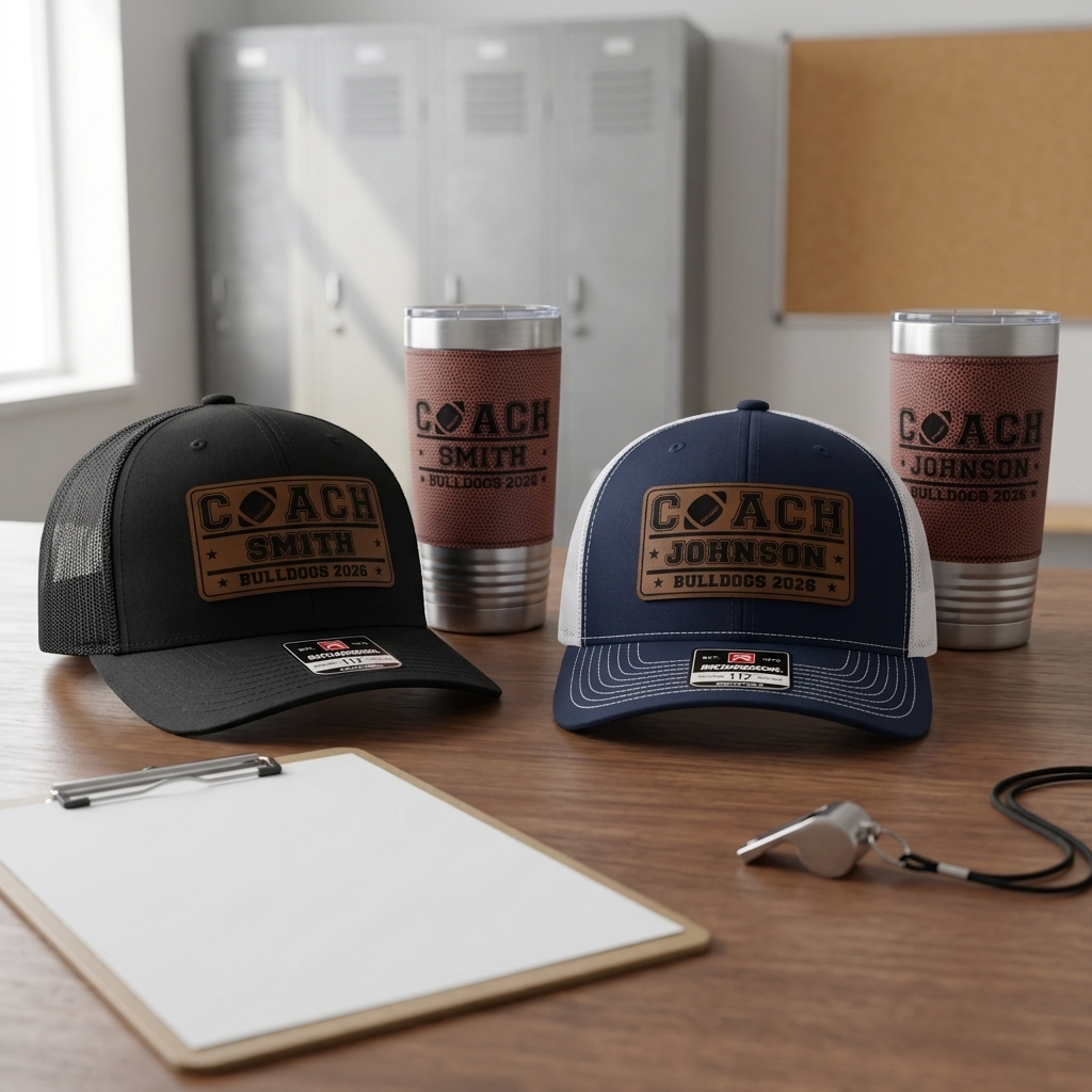 two matching coach hat and football tumbler sets with different names on a coach's desk