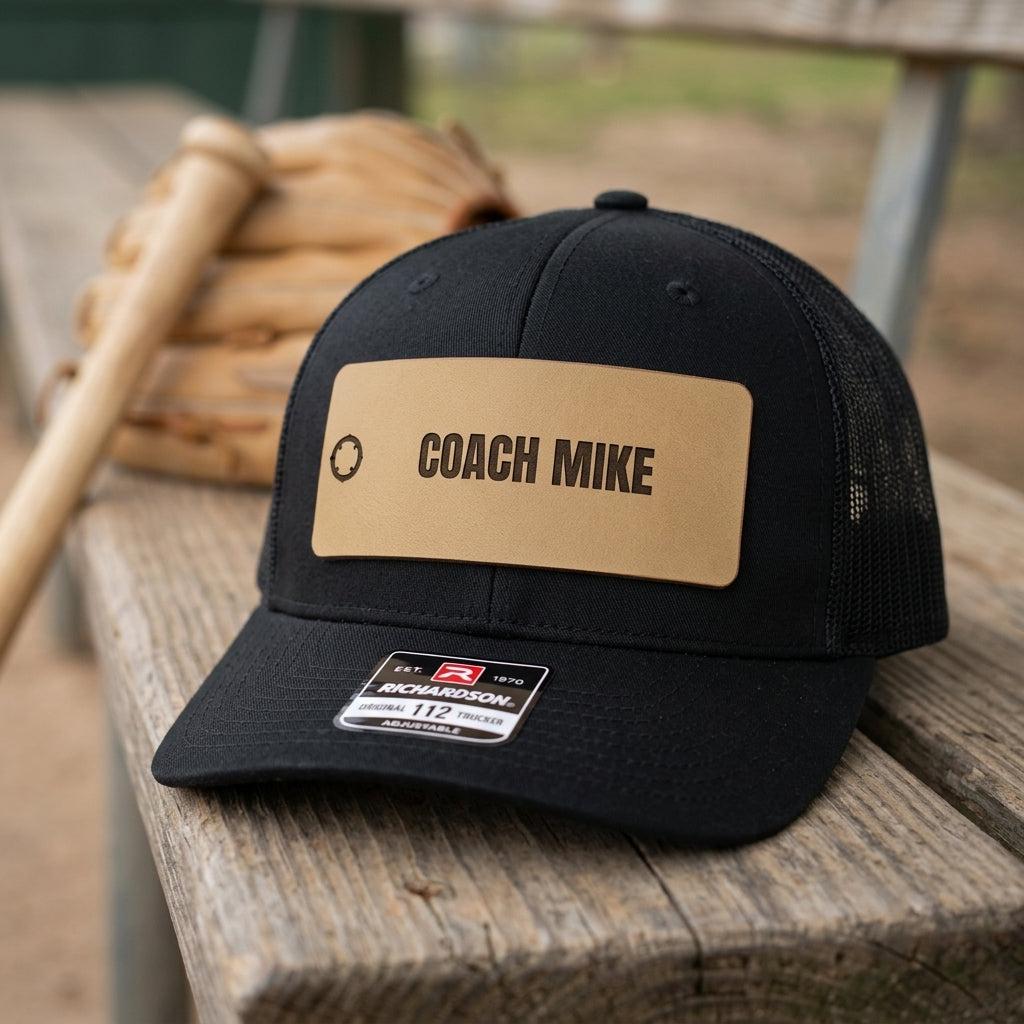 custom coach hat with engraved leather patch and team name