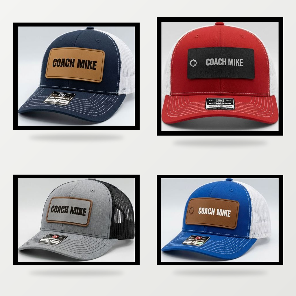 custom coach hats in four hat colors with engraved leather and acrylic patches