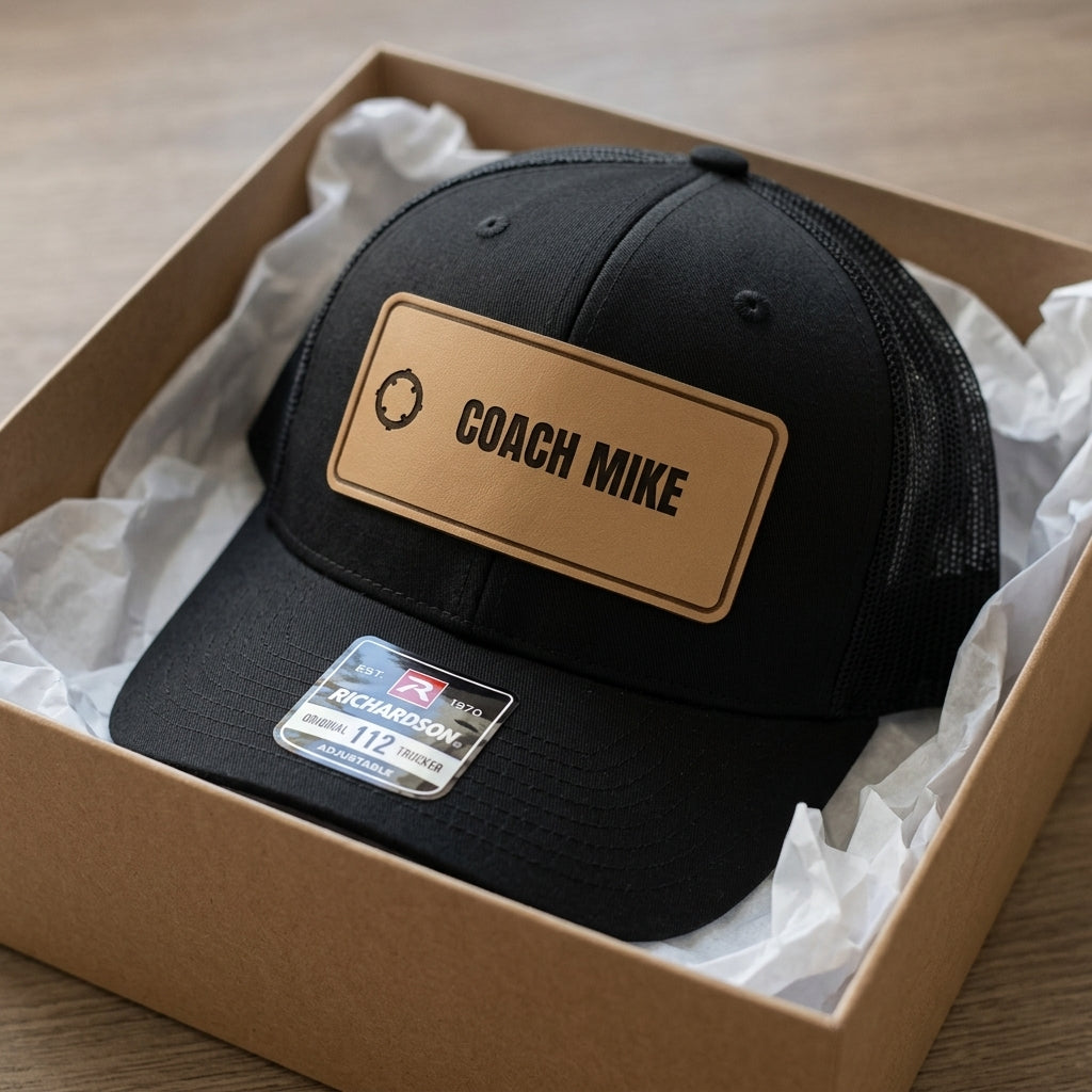 engraved name and logo close up on a coach hat patch