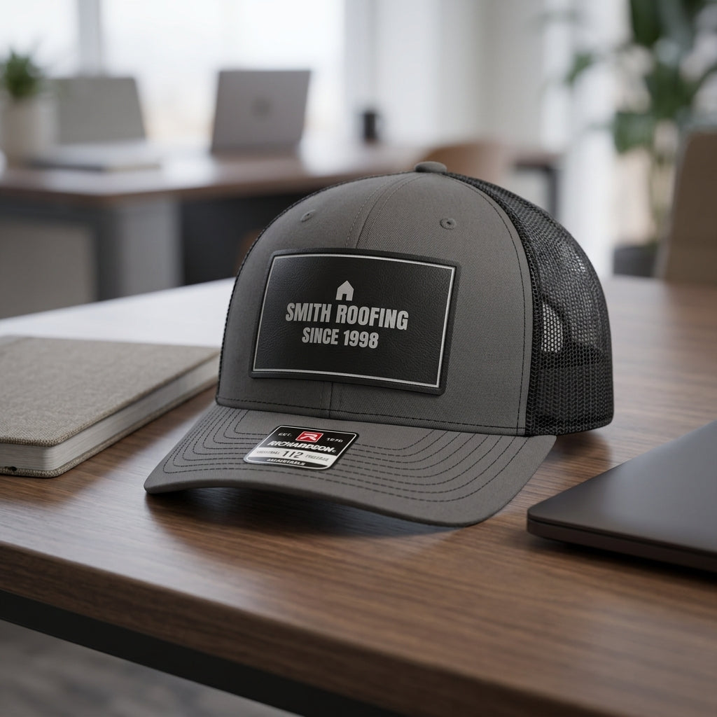 custom company logo hat with engraved leather patch