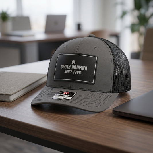 custom company logo hat with engraved leather patch