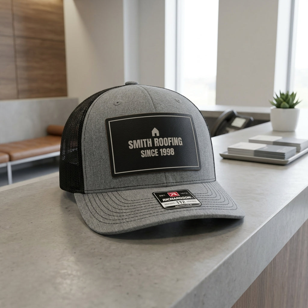 business logo hats lined up for staff uniforms