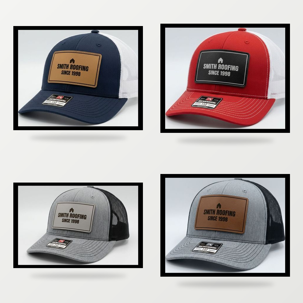custom company logo hats in four hat colors with engraved leather and acrylic patches