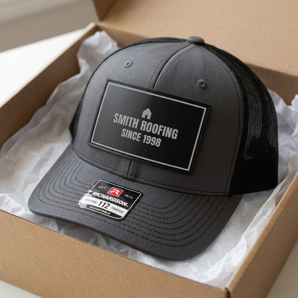 engraved name and logo close up on a company logo hat patch