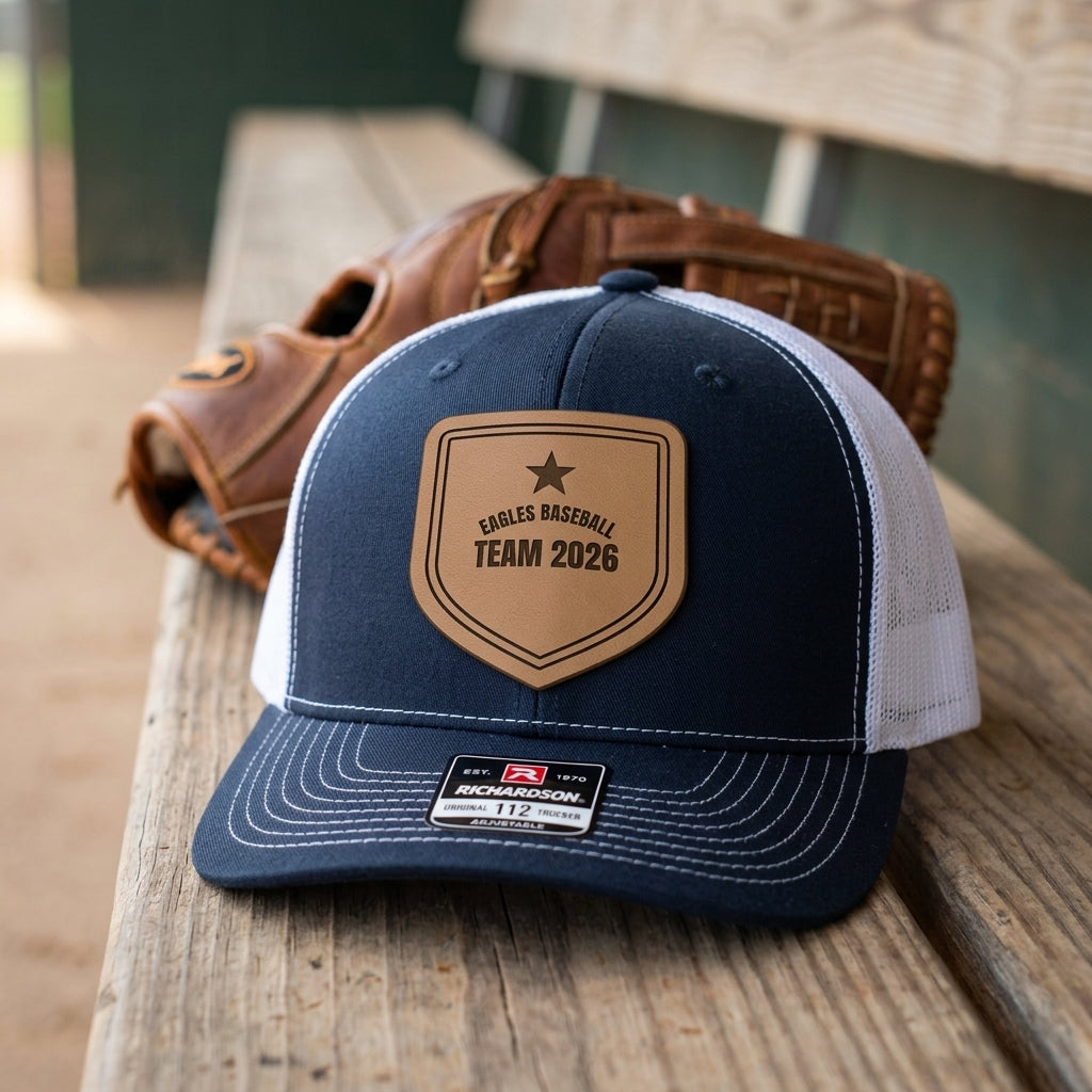 bulk team hats custom with engraved leather patch