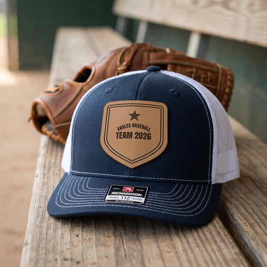 bulk team hats custom with engraved leather patch