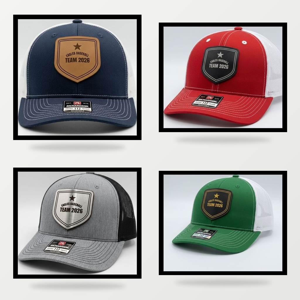 custom team hats in four hat colors with engraved leather and acrylic patches
