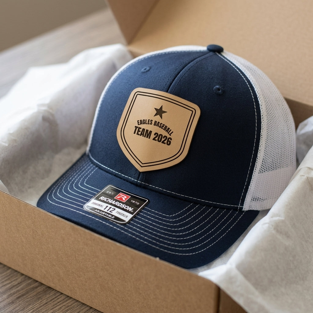 engraved name and logo close up on a team hat patch