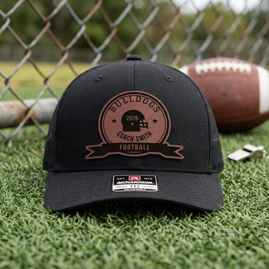 football coach hat with contour cut design on football leatherette