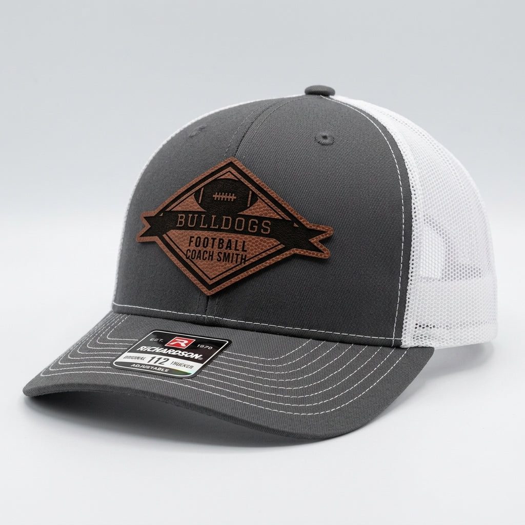 football coach hat design 19 diamond football badge contour cut football leatherette patch on charcoal and white Richardson 112
