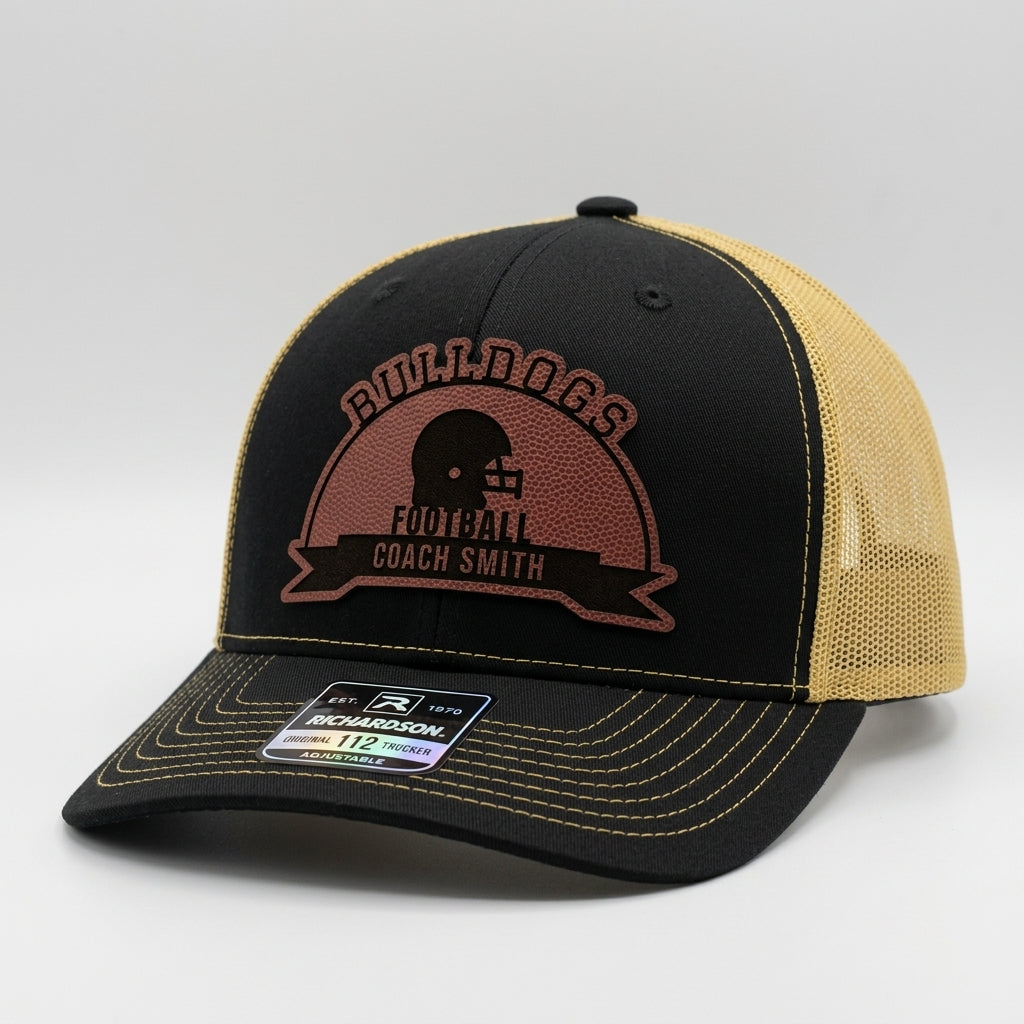 football coach hat design 1 helmet arch banner contour cut football leatherette patch on black and vegas gold Richardson 112