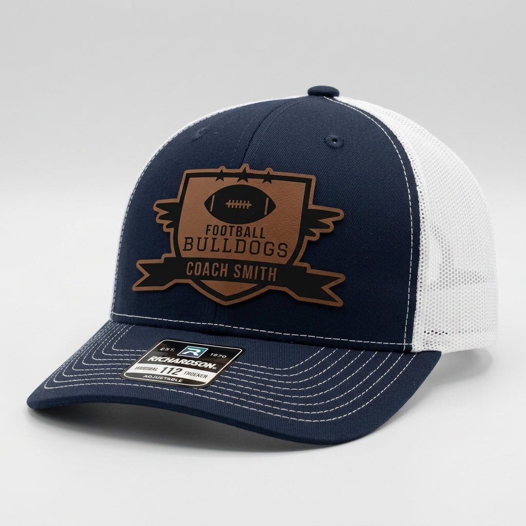 football coach hat design 4 winged shield contour cut football leatherette patch on navy and white Richardson 112