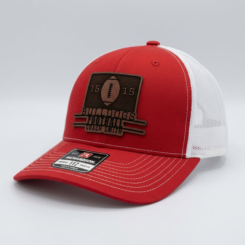 football coach hat design 12 vertical ribbon football contour cut football leatherette patch on red and white Richardson 112