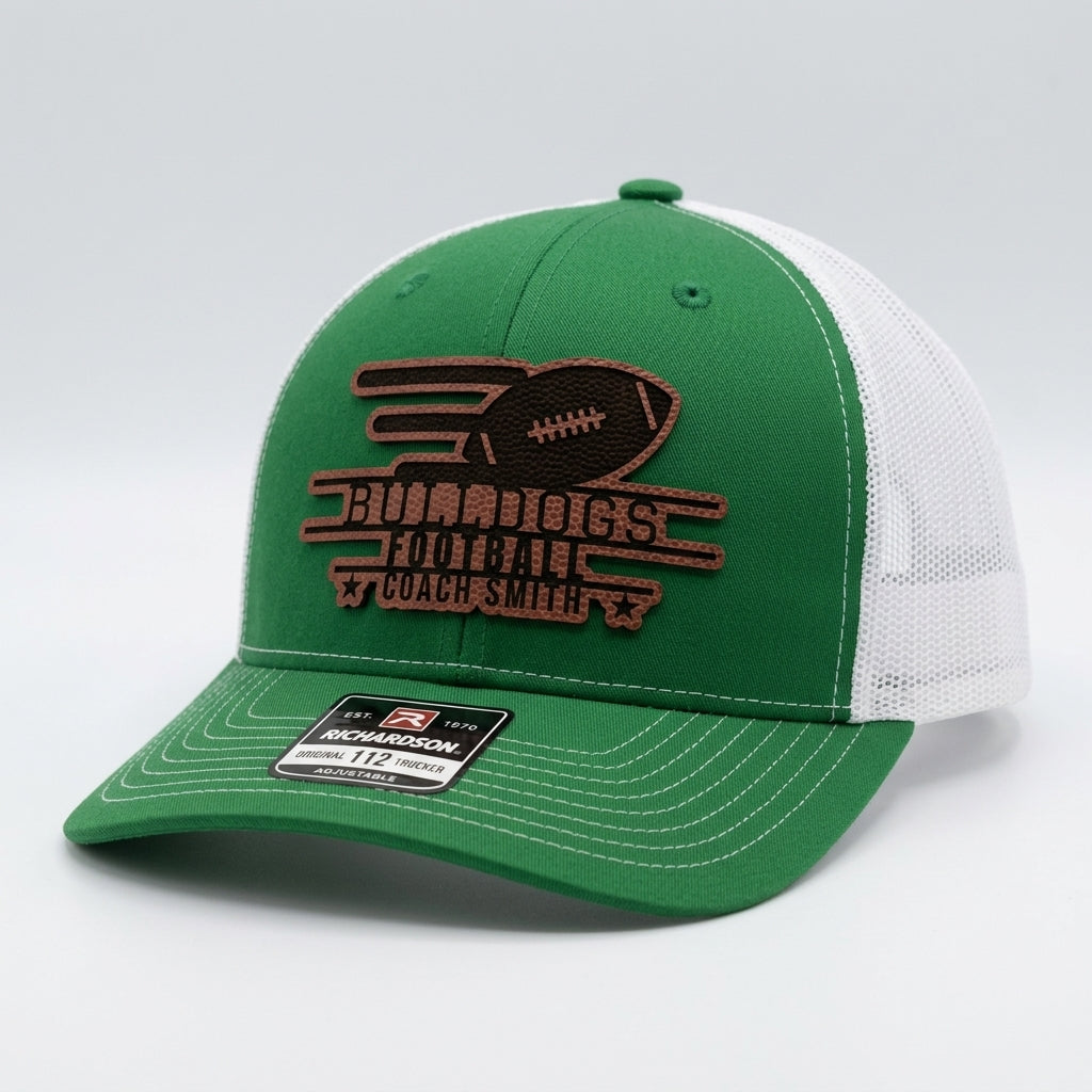 football coach hat design 16 motion football contour cut football leatherette patch on kelly green and white Richardson 112