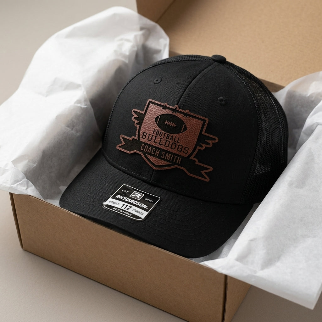 closeup of contour cut team logo on a coaching staff hat