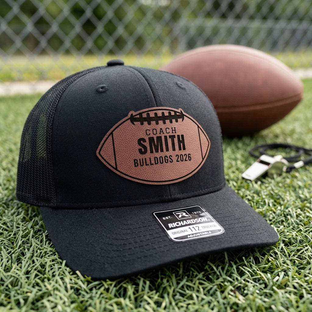 football shaped patch coach hat with engraved laces