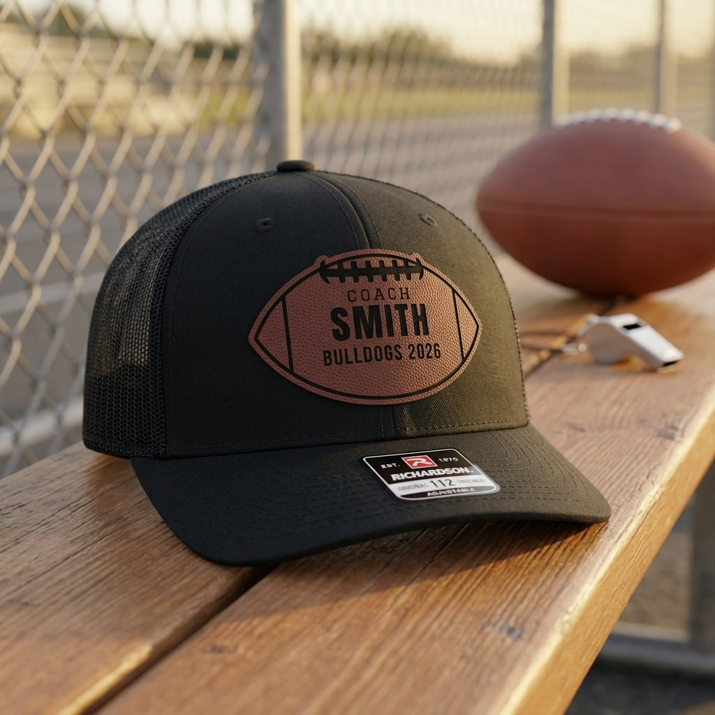 personalized football coach gift with football silhouette patch