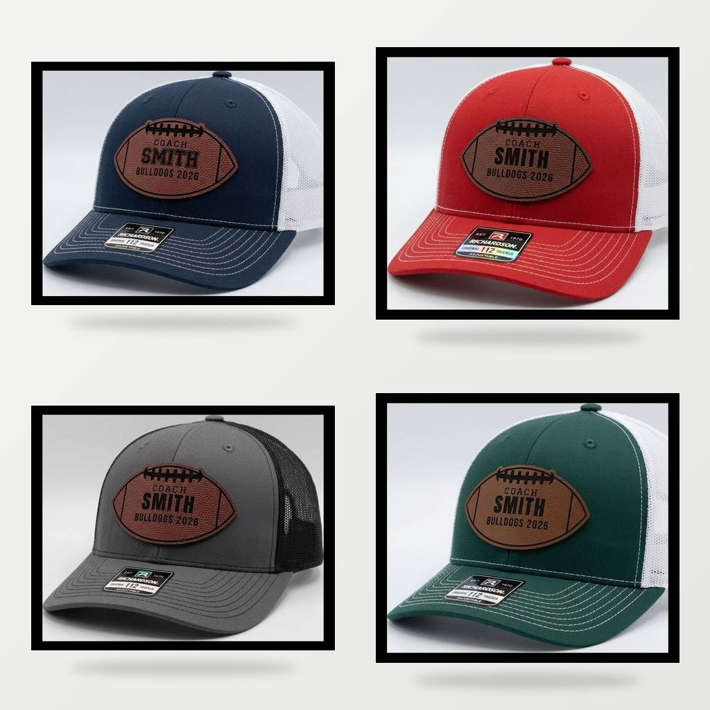 football shaped patch coach hat in multiple hat colors