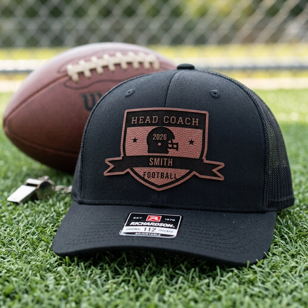 head coach football hat with contour cut title badge