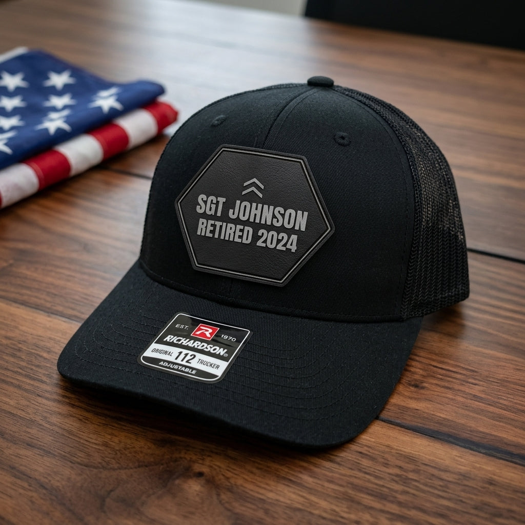 custom veteran hat with engraved rank and unit patch