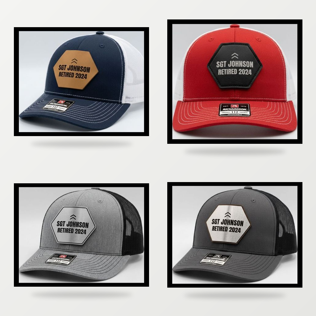 custom veteran hats in four hat colors with engraved leather and acrylic patches