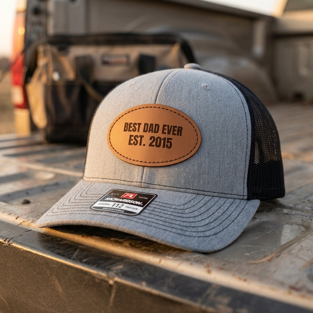 personalized dad hat with engraved leather patch
