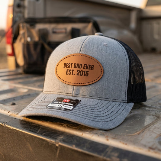 personalized dad hat with engraved leather patch