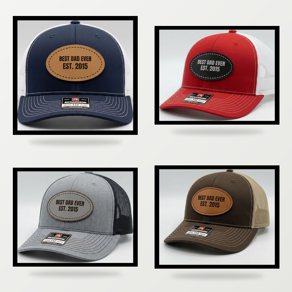 personalized dad hats in four hat colors with engraved leather and acrylic patches