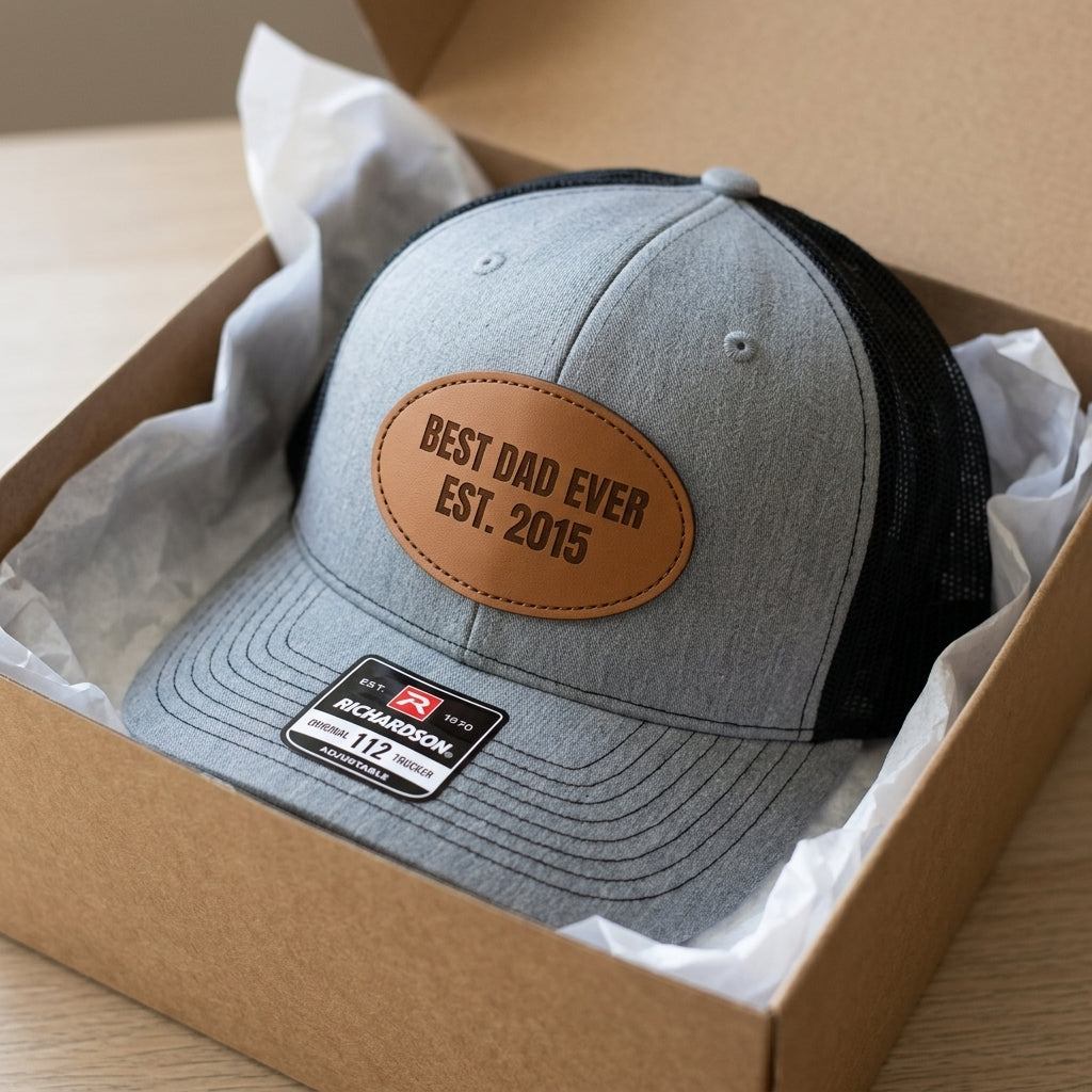 engraved name and logo close up on a dad hat patch