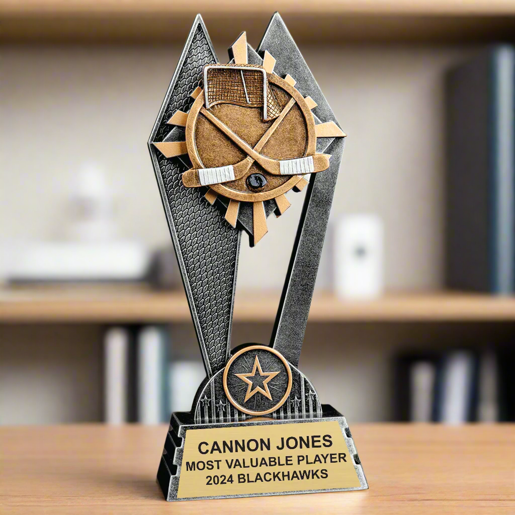 Premium Resin Hockey Trophy with Star and Sunburst Details - Perfect for Hockey Clubs, Schools, and Leagues