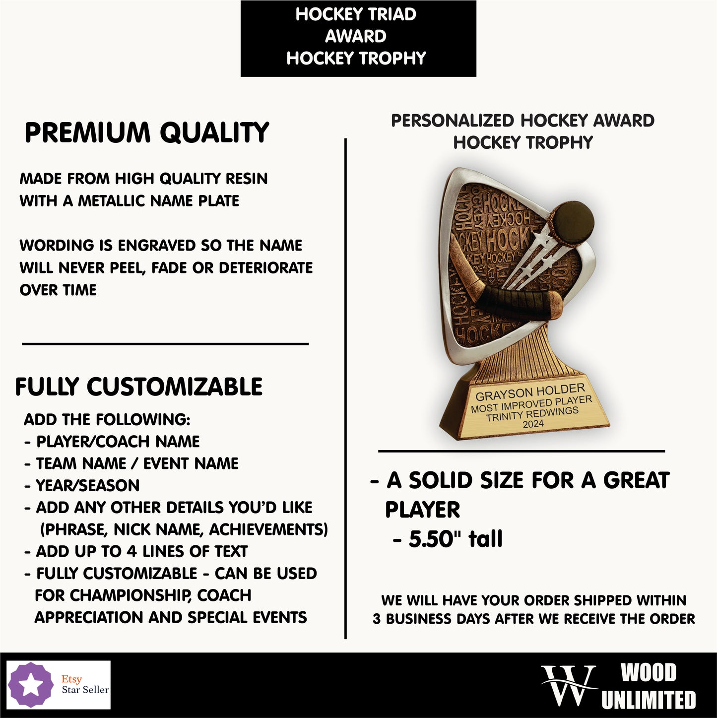 Side-by-side comparison of the customizable hockey trophy’s detailed design and size, ideal for team championships and tournament recognitions.