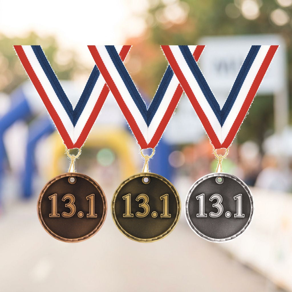 Personalized Half Marathon Medals with Neck Ribbon - Gold Silver Bronze - Custom Engraved