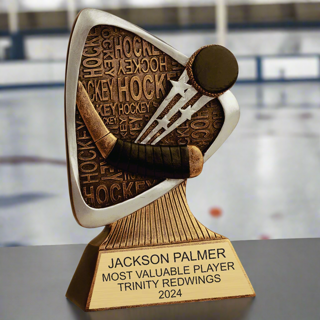 Front view of the customizable 5 1/2-inch Antique Gold/Silver Hockey Trophy, a premium resin award perfect for team MVP recognition and championship celebrations.