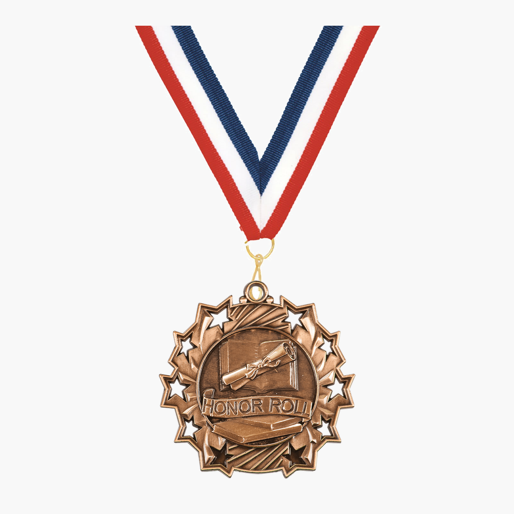 Personalized Honor Roll Medals with Neck Ribbon - Gold Silver Bronze - Custom Engraved