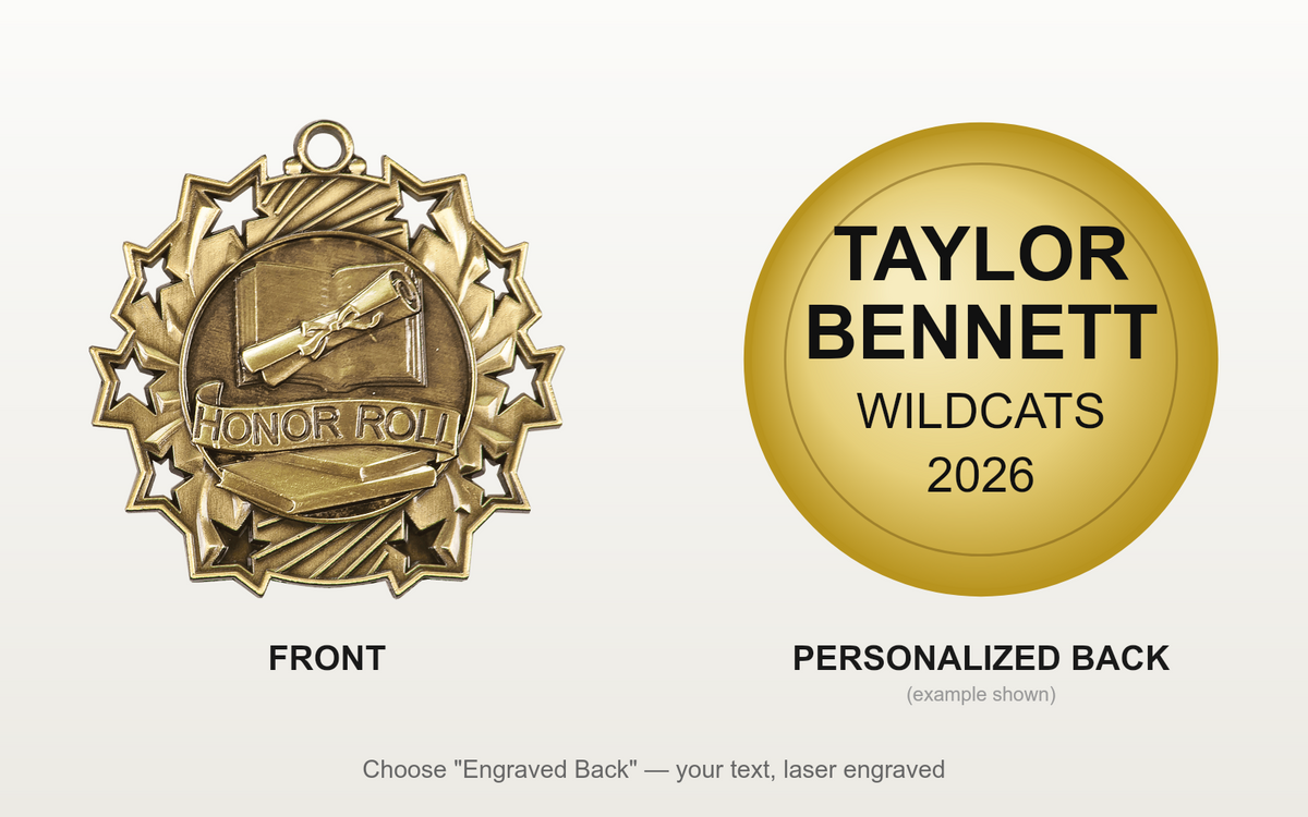 Personalized Honor Roll Medals with Neck Ribbon - Gold Silver Bronze - Custom Engraved