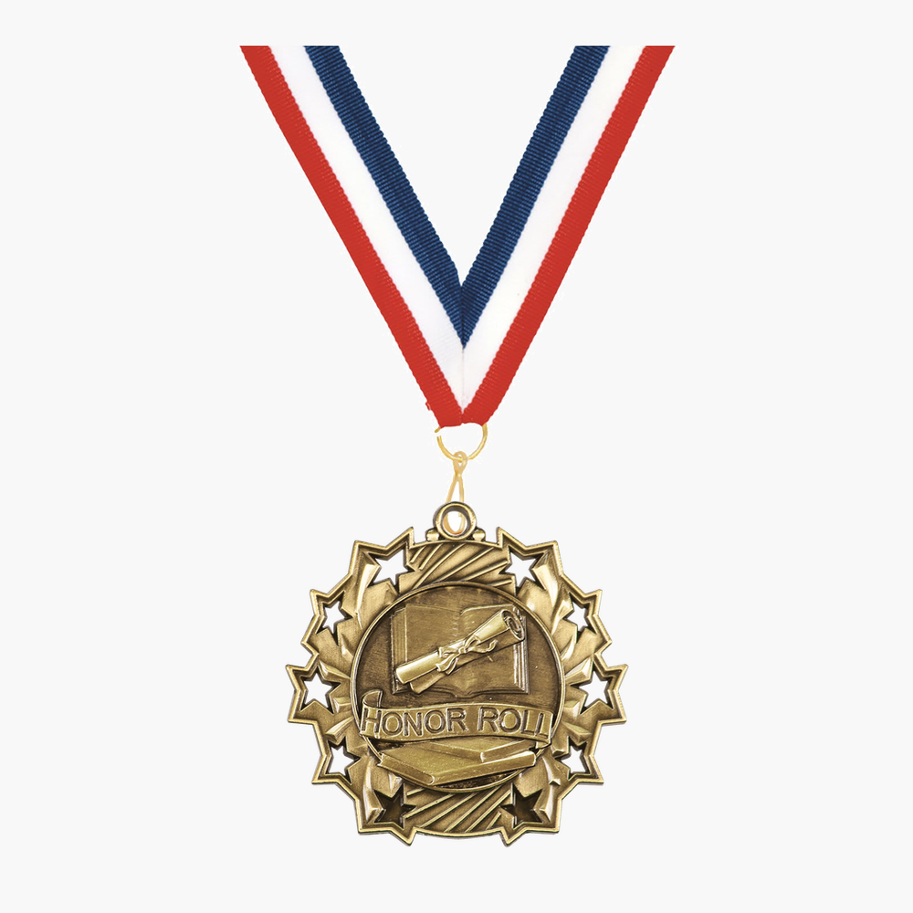 Personalized Honor Roll Medals with Neck Ribbon - Gold Silver Bronze - Custom Engraved