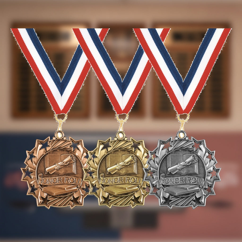 Personalized Honor Roll Medals with Neck Ribbon - Gold Silver Bronze - Custom Engraved