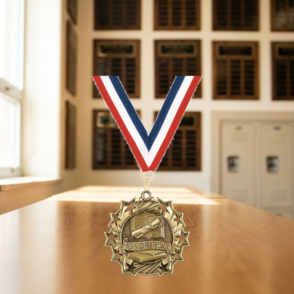 Personalized Honor Roll Medals with Neck Ribbon - Gold Silver Bronze - Custom Engraved