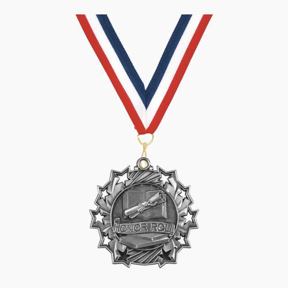 Personalized Honor Roll Medals with Neck Ribbon - Gold Silver Bronze - Custom Engraved