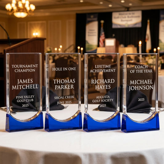 Front view of a personalized Personalized Crystal Sports Award award in optical crystal, custom engraved with the recipient's name and achievement — featuring Personalized crystal golf tournament champion award, a popular choice for Golf tournament organizers for Hole-in-One celebrations